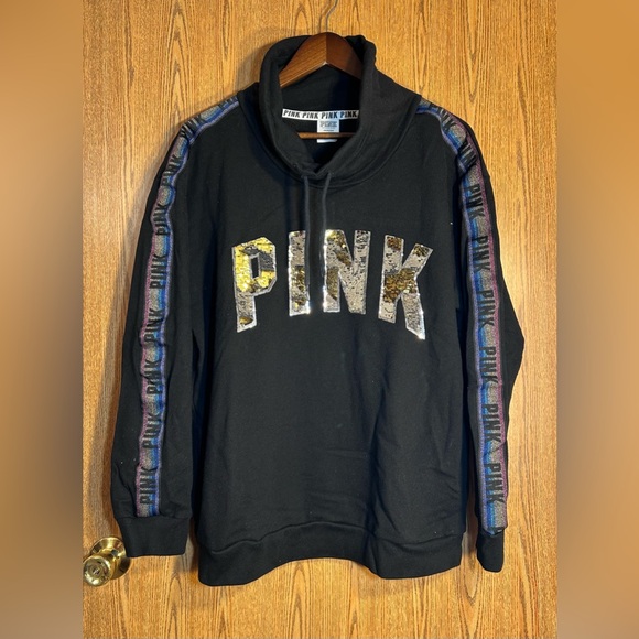 PINK Sequins Bling Rainbow University Cowl Neck Sweatshirt - Picture 2 of 6
